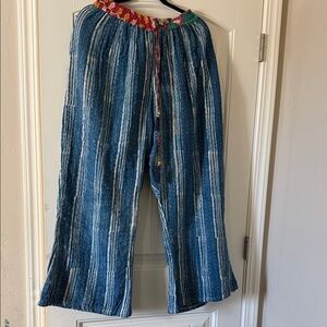 Blue Striped Wide-Leg Boho Pants with Colorful Waistband